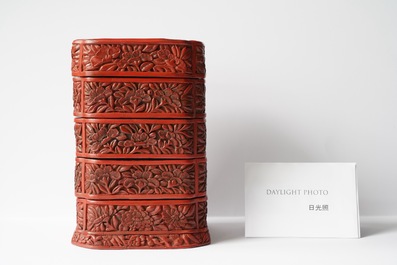 A Chinese red cinnabar lacquer four-tiered box, Wanli