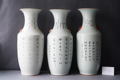 Three Chinese famille rose vases with narrative scenes, 19/20th C.