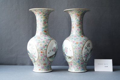 A pair of Chinese famille rose 'millefleurs' vases, Qianlong mark, Republic