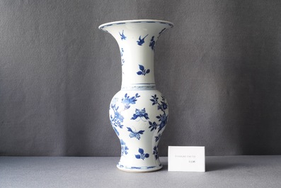 A Chinese blue and white yenyen vase with a bird among foliage, Kangxi