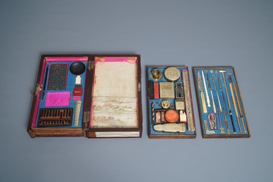 A Chinese wooden box with scholar's objects for a calligrapher or painter, 19th C.