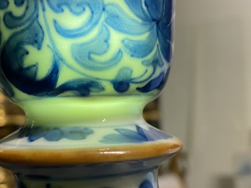 A Chinese blue and white 'squirrel and grapevine' huqqa base, Kangxi