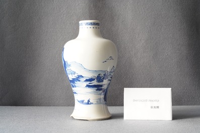 A Chinese blue and white meiping vase with figures in a landscape, Kangxi