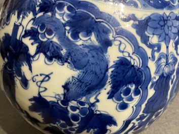 A Chinese blue and white 'squirrel and grapevine' huqqa base, Kangxi