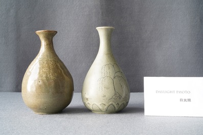 Two Korean celadon vases, probably Goryeo/Joseon, 14/15th C.