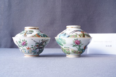 Vier Chinese Canton famille rose bordjes en twee dekselkommen, 19e eeuw