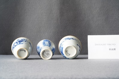 Two Chinese blue and white wine cups and a stem cup, Transitional period