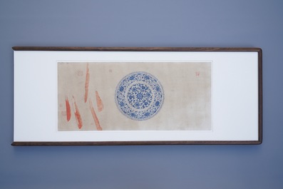 Chinese school, kleur op papier, 19e eeuw: 'Een blauw-witte porseleinen Yuan schotel'