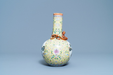 A Chinese famille rose bottle vase with landscape medallions, Qianlong mark, Republic