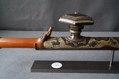 A Chinese bamboo, jadeite, paktong and Yixing stoneware opium pipe, 19th C.