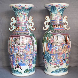 A pair of large Chinese famille rose 'Wu Shuang Pu' vases, 19th C.