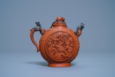 A Chinese silver-mounted reticulated double-walled Yixing stoneware teapot, Kangxi