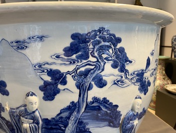 A rare large Chinese blue and white relief-moulded jardini&egrave;re, Kangxi