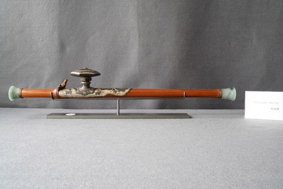 A Chinese bamboo, jadeite, paktong and Yixing stoneware opium pipe, 19th C.