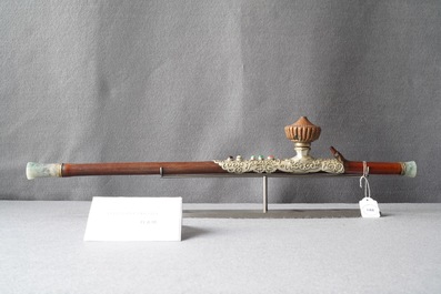 A Chinese bamboo, jadeite and Yixing stoneware opium pipe, 19th C.