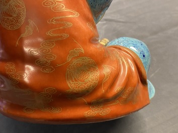 Drie polychrome en vergulde figuren van Bodhisattva, Qianlong/Jiaqing