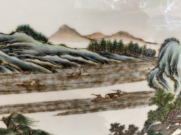 A Chinese rectangular famille rose 'landscape' plaque, Qianlong mark, 19/20th C.