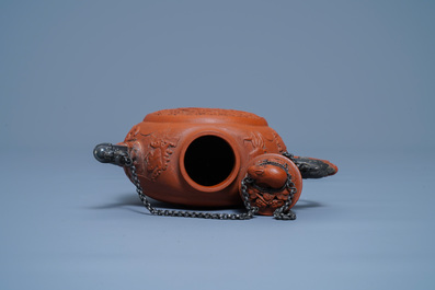 A Chinese silver-mounted reticulated double-walled Yixing stoneware teapot, Kangxi