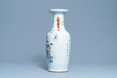 A Chinese qianjiang cai vase with women around a table, signed Yan Bing Jun, dated 1913