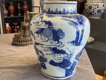 A Chinese blue and white vase with figures in an interior, Kangxi