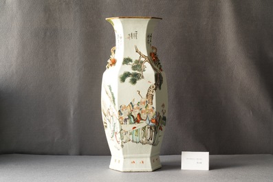 A Chinese hexagonal qianjiang cai vase with scholars in a landscape, 19/20th C.