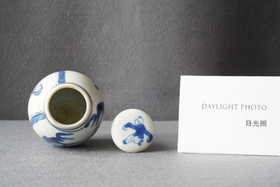 Een Chinese blauw-witte theebus met deksel, Kangxi