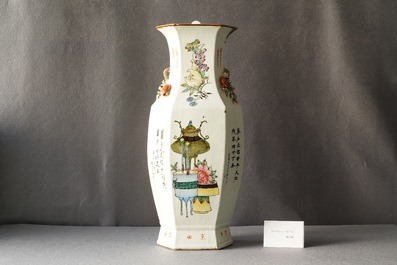 A Chinese hexagonal qianjiang cai vase with scholars in a landscape, 19/20th C.