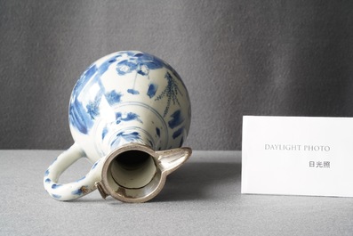 A Chinese blue and white silver-mounted ewer, Transitional period