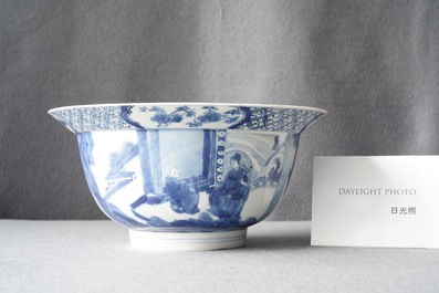 A Chinese blue and white 'Romance of the Western Chamber' klapmuts bowl, Chenghua mark, Kangxi