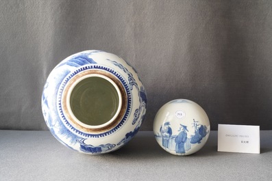 A Chinese blue and white covered jar with figures in a landscape, 19th C.