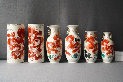 Six Chinese vases with iron red 'Buddhist lion' design, 19/20th C.