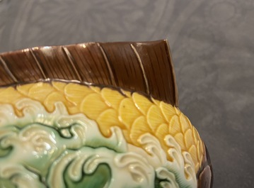 A Chinese carp-shaped sancai-glazed brush washer, Qianlong mark, 19th C.