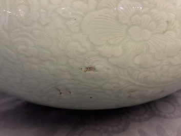 A Chinese celadon-glazed tripod censer with incised underglaze design, Kangxi