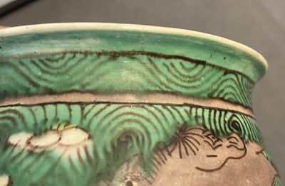 A Chinese verte biscuit censer with horses, Kangxi