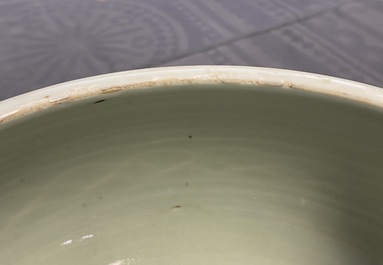 A Chinese celadon-glazed tripod censer with incised underglaze design, Kangxi