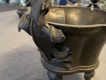 A Chinese chilong-handled bronze censer, Xuande mark, 18th C.