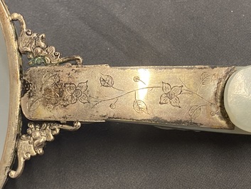 A large Chinese jade and silver hand mirror, Qing