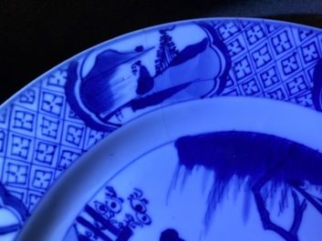 Two Chinese blue and white 'Romance of the Western Chamber' plates, Kangxi