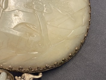 A large Chinese jade and silver hand mirror, Qing