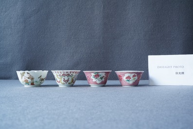 Een Chinese famille rose VOC-kop, een Pronk-kop en twee koppen en schotels, Yongzheng/Qianlong