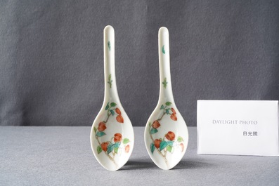 A pair of Chinese polychrome 'peach tree' spoons, Jiaqing mark and of the period