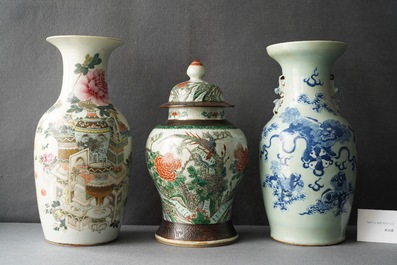 Three Chinese vases in qianjiang cai, celadon-ground and Nanking crackle-glazed porcelain, 19/20th C.