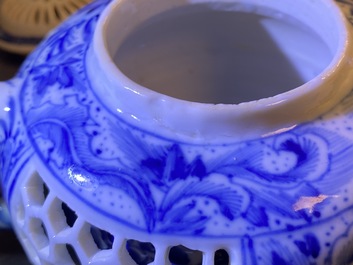 A Chinese blue and white reticulated double-walled teapot and cover, Transitonal period