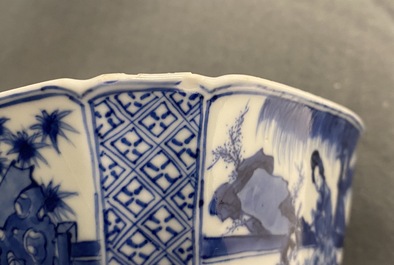 Un bol en porcelaine de Chine en bleu et blanc figurant une dame et son chat, marque et &eacute;poque de Kangxi