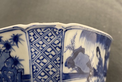 A Chinese blue and white bowl with a lady with cat, Kangxi mark and of the period