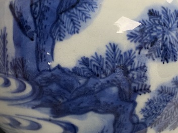 A Chinese blue and white double gourd vase with figures in a landscape, Transitional period