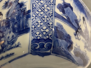 A Chinese blue and white bowl with a lady with cat, Kangxi mark and of the period