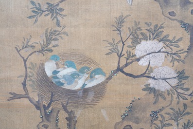 Shen Quan (1682-1762), inkt en kleur op zijde, 18e eeuw: 'Twee sc&egrave;nes met vogels'