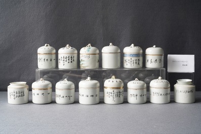 Een collectie van 14 Chinese qianjiang cai wijnkom-warmers, 19/20e eeuw