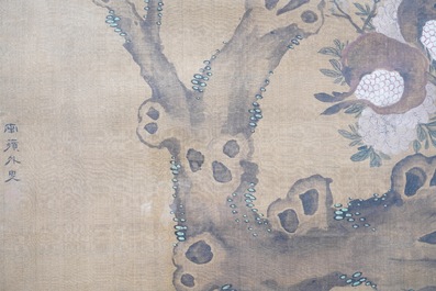 Shen Quan (1682-1762), ink and colour on silk, 18th C.: 'Two  scenes with birds'